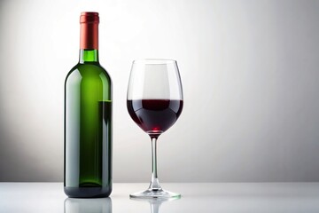 Red wine glass and dark green bottle with blank label on white background