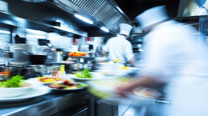 Blurred motion of a chef working in a busy restaurant kitchen, capturing the fast paced energy and dynamic atmosphere of professional food preparation