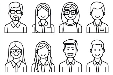 Minimalist line art icon set of avatar people, software engineers in office attire with black lines on a white background