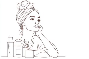 minimalist line art of woman posing with skincare products, simple lines, white background, clipart style