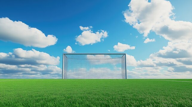 A soccer gate standing on a lush green grass field, with the bright blue sky in the background, capturing the essence of an empty, peaceful sports setting. --chaos - Powered by Adobe