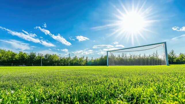 A soccer gate standing on a lush green grass field, with the bright blue sky in the background, capturing the essence of an empty, peaceful sports setting. --chaos - Powered by Adobe