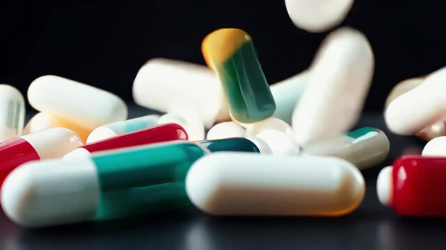 captivating footage shows pills falling slow motion black surface creating dramatic backdrop discussions medicine pharmaceutical drugs rising prices new medicines visually striking way drug
