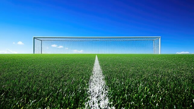 A soccer gate standing on a lush green grass field, with the bright blue sky in the background, capturing the essence of an empty, peaceful sports setting. --chaos - Powered by Adobe