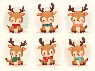 Naklejka premium Six Adorable Reindeer in Scarves: A Festive Christmas Treat!
