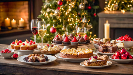 Naklejka premium Title: AI-generated images of Christmas spirits, with a mouth-watering spread of decadent desserts