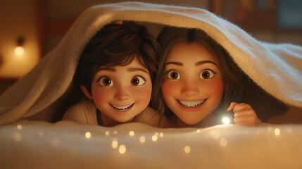 A joyful hyper realistic Mother and Daughter in the Blanket in winter season smiling and looking at the camera illustration