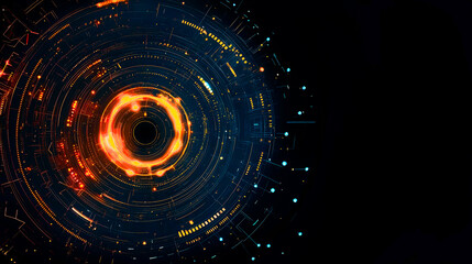 Luminous tech circle gold and blue frame, shining ring with sparks on dark background with copy space. 