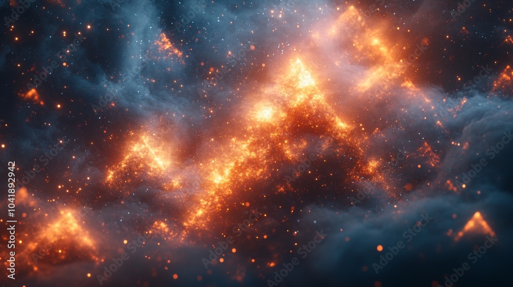 Poster An awe-inspiring view reveals glowing clouds filled with fiery light sparkling against the darkness of the night sky, creating a mesmerizing visual experience.