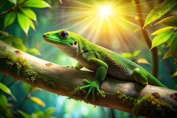 Fototapeta premium Green Gecko Perched on Branch in Lush Forest - Aerial Photography of Nature's Vibrant Wildlife