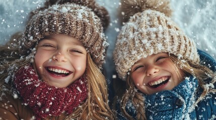 Two joyful children wearing knitted hats, giggling in the fresh snow, perfectly capturing the pure delight and exuberance of a winter wonderland experience.