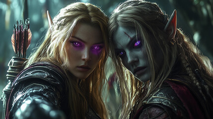 Two fierce elf warriors with glowing eyes in a mystical forest setting