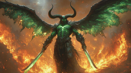 Epic fantasy scene featuring a powerful demon hunter with glowing green tattoos and wings amidst fiery flames showcasing intense battle energy