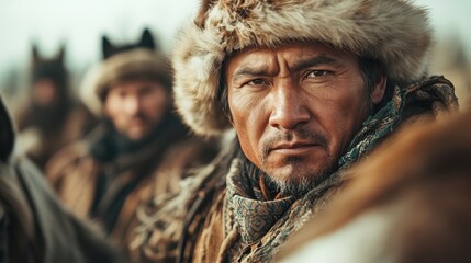 Fototapeta premium A man wearing a fur cap gazes intently, his face reflecting determination and focus against a backdrop of an outdoor environment, capturing an element of strength.