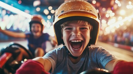 Two kids express excitement while riding go-karts on a vibrant racing track, showcasing the thrill and joy of speed and competition in a lively setting.