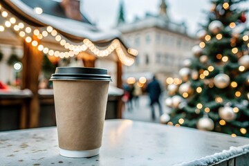 Naklejka premium A take-away paper cup mockup on a table with festive bokeh lights and Christmas tree in the background. Ideal for branding mockups and showcasing holiday hot beverages.