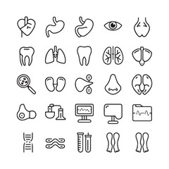 Set of 25 Medical Line Icons - Human Organs, Healthcare, Anatomy, and Medical Equipment Symbols