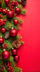 Christmas border featuring evergreen branches, red baubles, and berries against a vibrant red background. Ideal for festive designs, holiday greetings, and seasonal promotions.