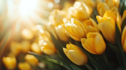 Obraz premium A radiant scene displaying a lively field of yellow tulips, lit by the sun's warm glow, depicting an atmosphere full of life, joy, and natural splendor.