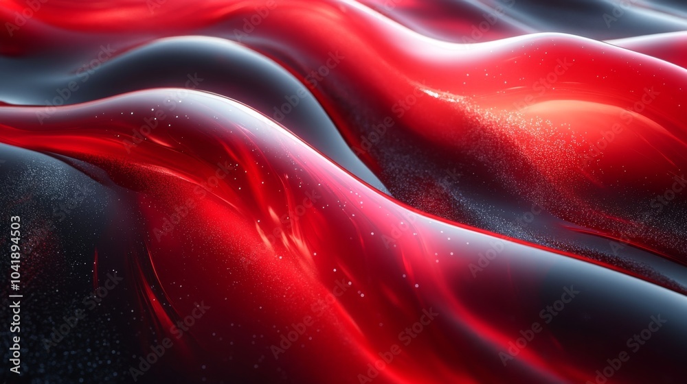 Poster Curved waves of vibrant red and deep black flow together, reflecting light in a glossy finish that creates an enchanting, dynamic visual effect.