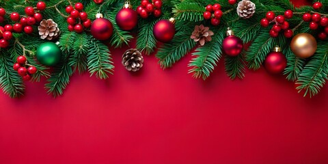 Fototapeta premium Christmas branches with red and green baubles, berries, and pinecones on a red background. Perfect for festive designs with copy space for text or branding.