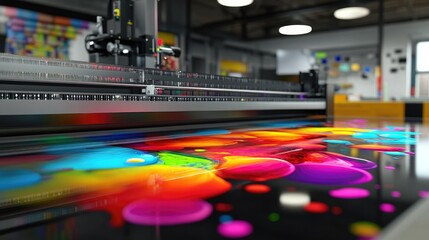 Large-format industrial inkjet printer at full speed, producing vibrant colorful designs on a glossy surface in a modern production space.