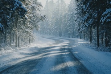 Snowy Road Through Evergreen Forest in Winter