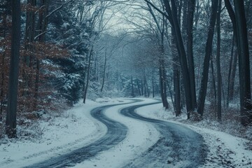 Snowy Curved Path Through a Winter Forest