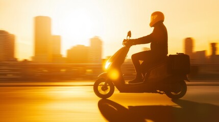 Fototapeta premium Speedy Food Delivery Scooter Racing Past City Landmarks at Golden Hour