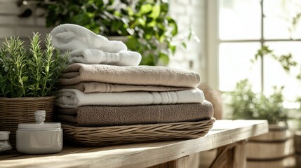 A stack of freshly washed and folded clothes on a wooden table, with soft towels and neatly folded shirts showing a clean and organized laundry scene. --chaos