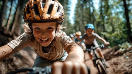 A group of kids riding bicycles through a muddy forest trail, with smiles on their faces, enjoying an adventurous and playful outdoor experience together.