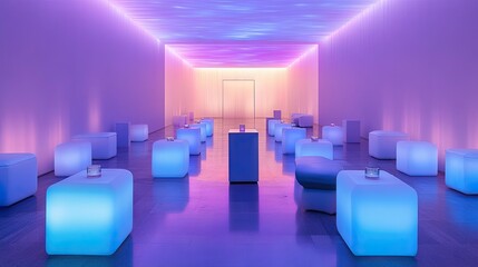 Obraz premium A stylish room bathed in neon purple and blue lights, creating an atmospheric feel. The minimalist decor enhances the futuristic ambiance. --chaos