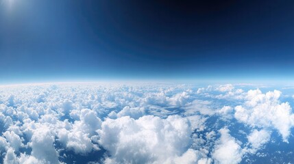 Obraz premium A sweeping panoramic view of white fair-weather clouds scattered in a blue sky, creating a tranquil and spacious feeling under the bright daylight. --chaos