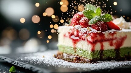 A square artisan cake featuring layers of cream and green, beautifully topped with strawberries and mint, finished with powder and sparkle for a magical touch.