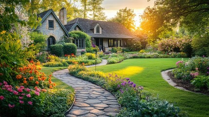 Fototapeta premium Manicured garden with winding stone path, colorful flowers, and a charming house in the background, all illuminated by warm golden hour light