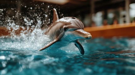 Fototapeta premium A radiant dolphin joyfully leaps from the water, sending droplets flying and reflecting the exuberance and vitality of ocean life in a vibrant aquatic scene.