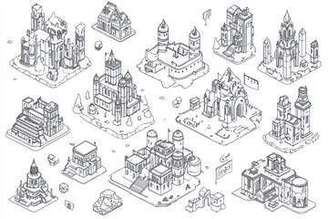 Fototapeta premium Outline fantasy buildings, simple isometric symbols pack for Wonderdraft, black and white line art, plain white background