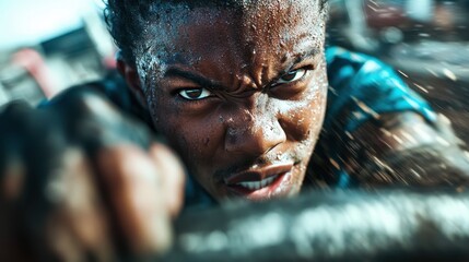 Focus on a determined athlete gripping tightly, perspiration visible illustrating effort and endurance. Emotes strength, focus, and determination under pressure vividly.