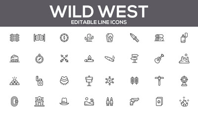 Vector Line Icons of Wild West Elements - Fully Editable Design Icons