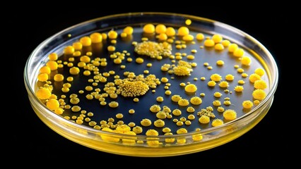 Yellow bacterial colonies on petri plate dish isolated on black background silhouette