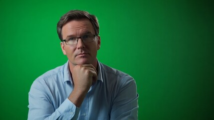 A midaged professional with a thoughtful expression sitting in front of a screen set against a green backdrop.