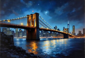 Fototapeta premium Brooklyn Bridge at Night, New York City - Digital Painting