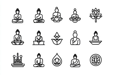 Outline icon set of Buddhism, black line, minimal, white background, ui, ux, design, app, clean fresh design