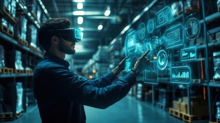 Man using VR in futuristic warehouse setting