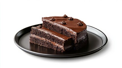 Tasty chocolate cake isolated on white background. Dark plate with italian foods. Ultra realistic. Photorealistic 