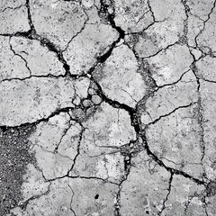 Cracked, weathered concrete surface creating abstract design with natural textures in grayscale tones.