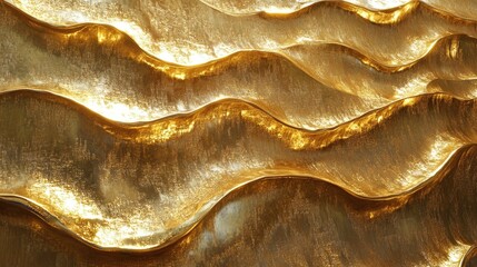 Mesmerizing undulating golden waves rendered in 3D, with liquid metal texture and gleaming surface forming an abstract art piece.
