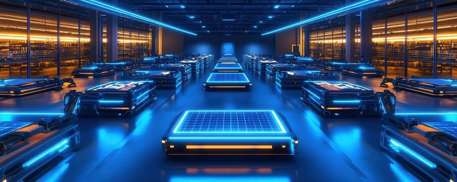 Futuristic warehouse with robotic machinery