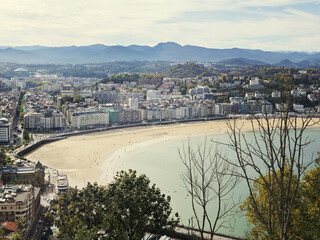 Fototapeta premium Panorama of San Sebastian Donostia and the famous beach La Concha from mountain Urgull, Basque country region, Spain