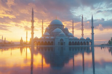 Fototapeta premium Serene Mosque at Sunset with Reflections in Water